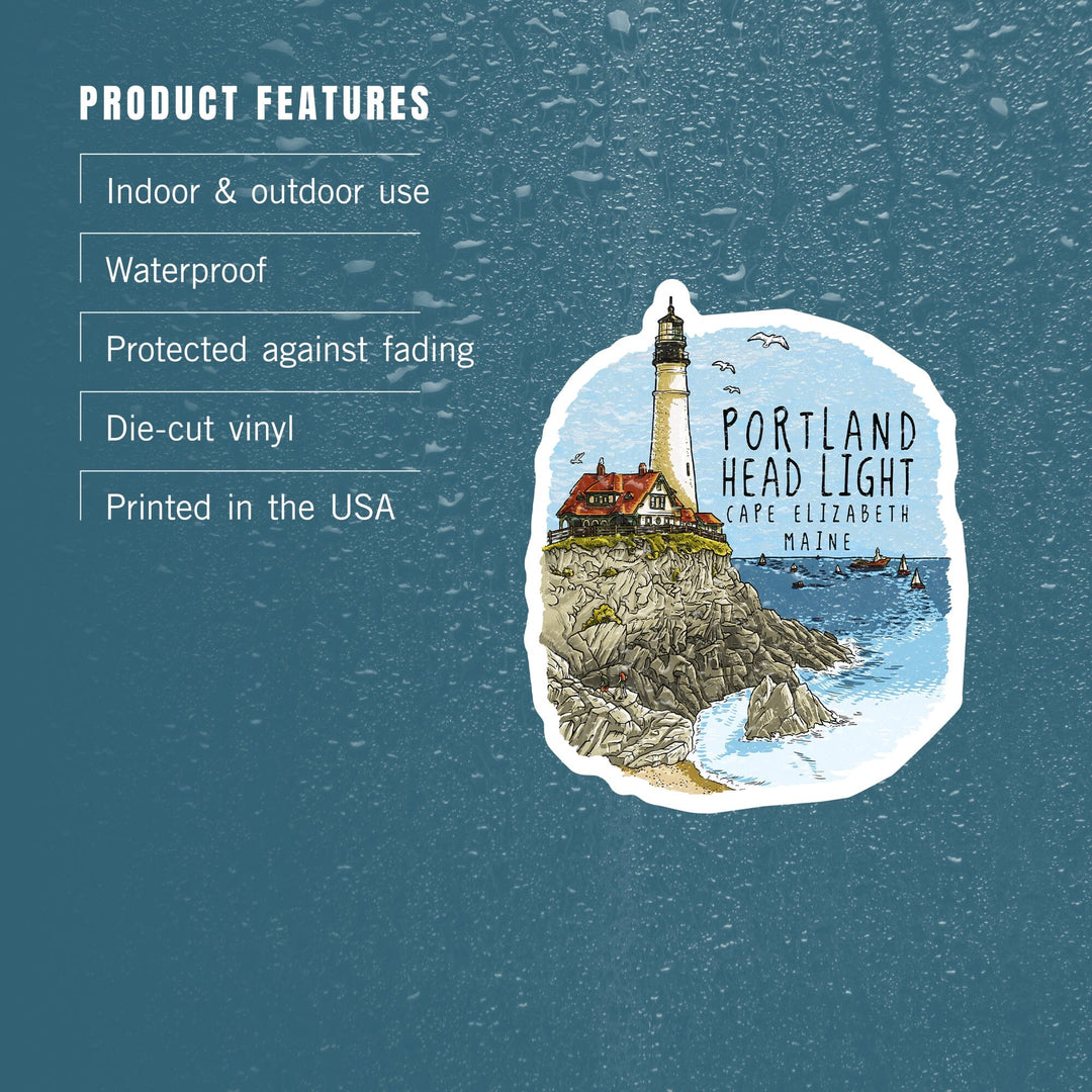 Portland Head Lighthouse, Maine, Line Drawing, Contour, Lantern Press Artwork, Vinyl Sticker Sticker Lantern Press