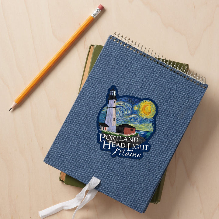 Portland Head Lighthouse, Maine, Starry Night, Contour, Lantern Press Artwork, Vinyl Sticker Sticker Lantern Press