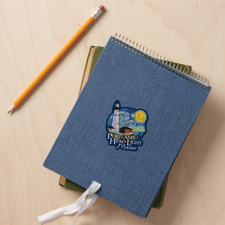 Portland Head Lighthouse, Maine, Starry Night, Contour, Lantern Press Artwork, Vinyl Sticker Sticker Lantern Press