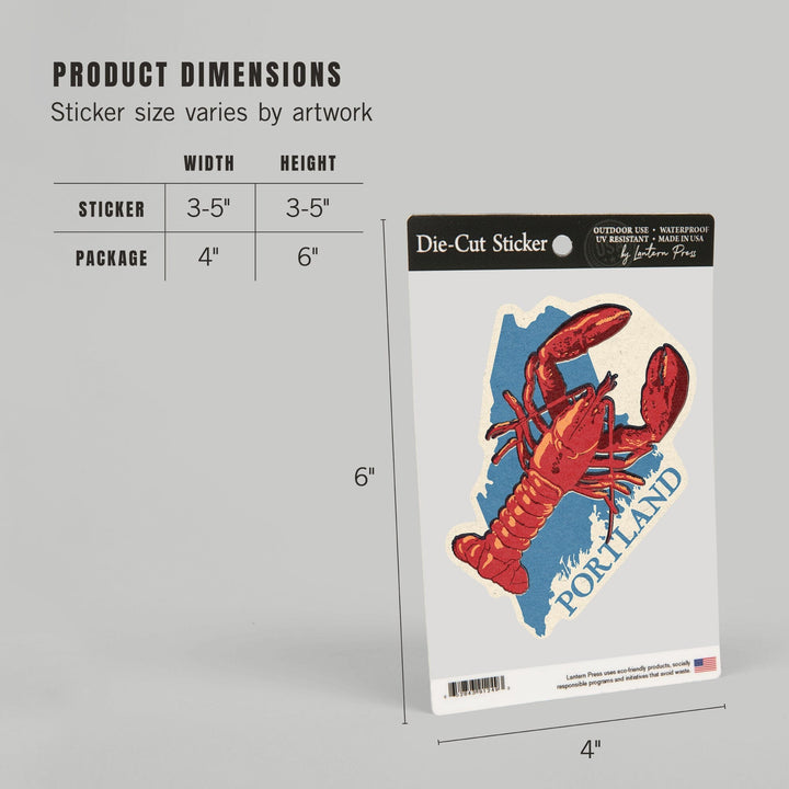 Portland, Maine, Lobster, Woodblock, Contour, Lantern Press Artwork, Vinyl Sticker Sticker Lantern Press