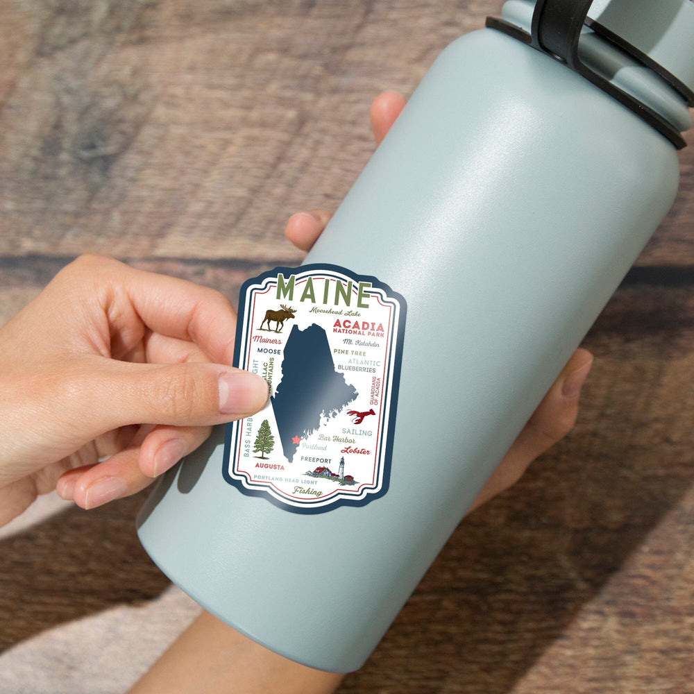 Portland, Maine, Typography & Icons, Contour, Lantern Press Artwork, Vinyl Sticker Sticker Lantern Press
