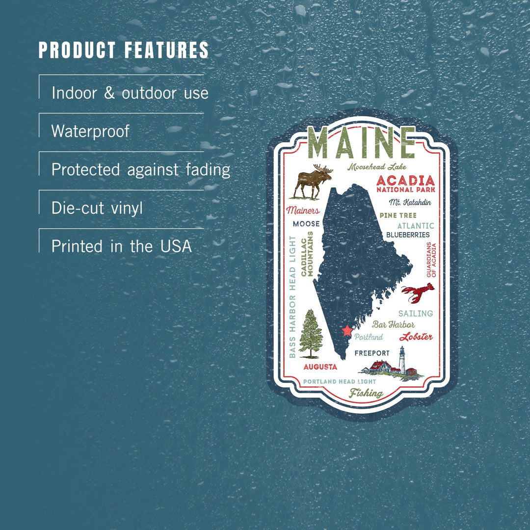 Portland, Maine, Typography & Icons, Contour, Lantern Press Artwork, Vinyl Sticker Sticker Lantern Press