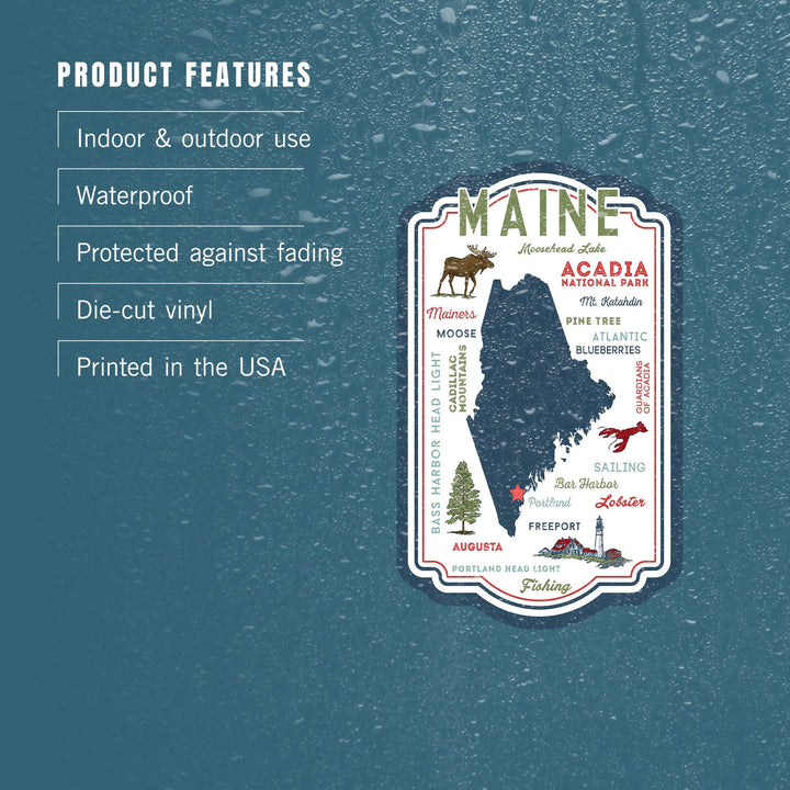 Portland, Maine, Typography & Icons, Contour, Lantern Press Artwork, Vinyl Sticker Sticker Lantern Press