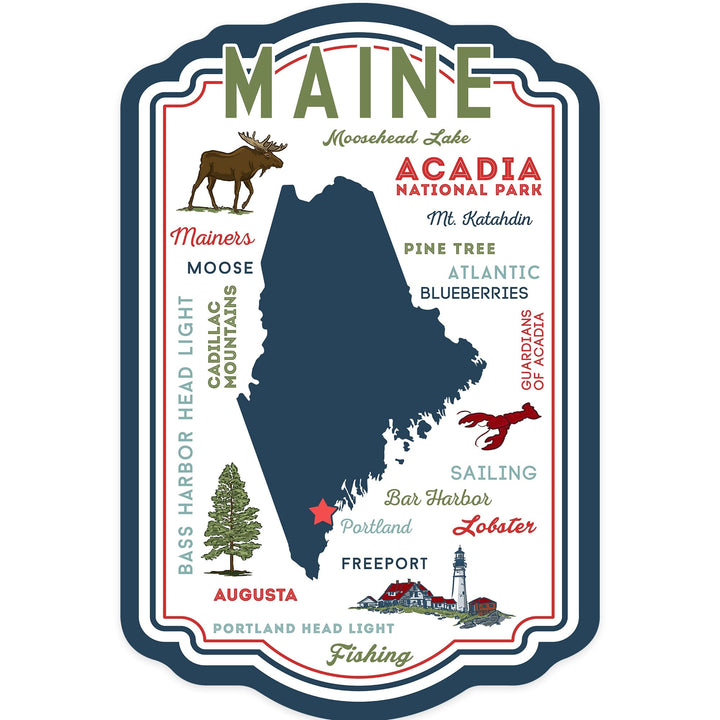 Portland, Maine, Typography & Icons, Contour, Lantern Press Artwork, Vinyl Sticker Sticker Lantern Press