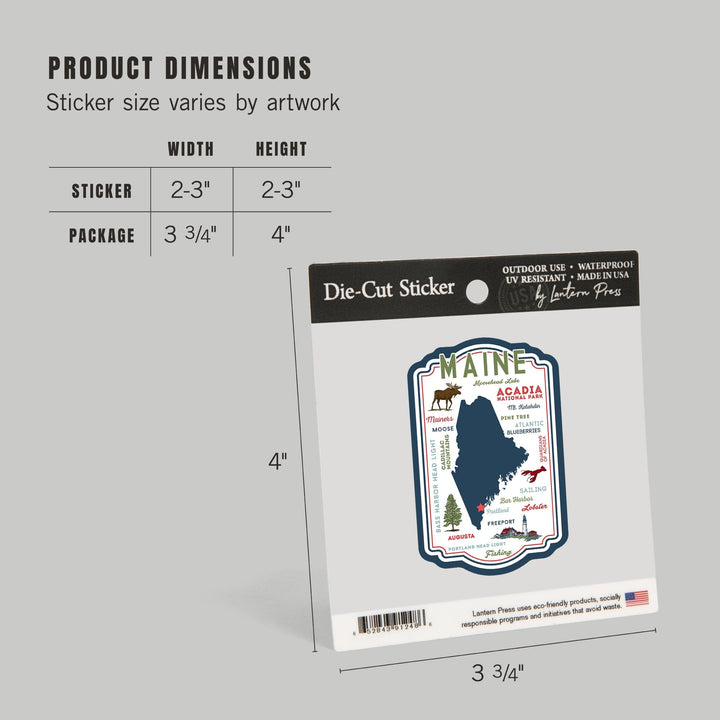 Portland, Maine, Typography & Icons, Contour, Lantern Press Artwork, Vinyl Sticker Sticker Lantern Press