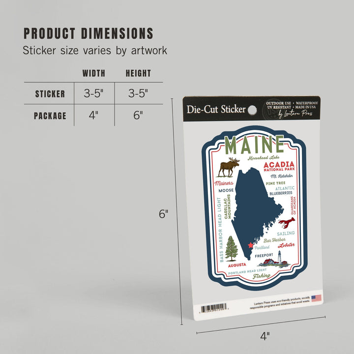 Portland, Maine, Typography & Icons, Contour, Lantern Press Artwork, Vinyl Sticker Sticker Lantern Press