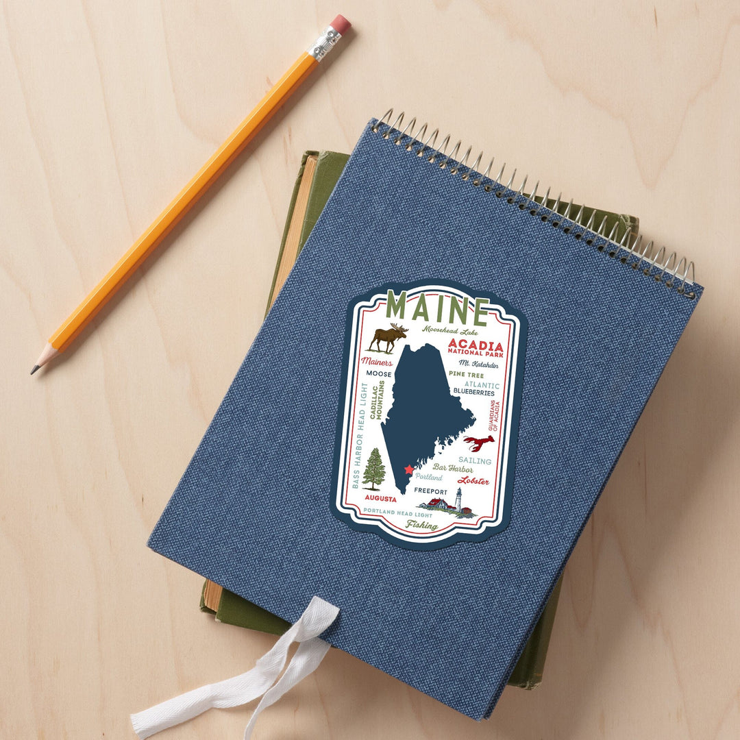 Portland, Maine, Typography & Icons, Contour, Lantern Press Artwork, Vinyl Sticker Sticker Lantern Press
