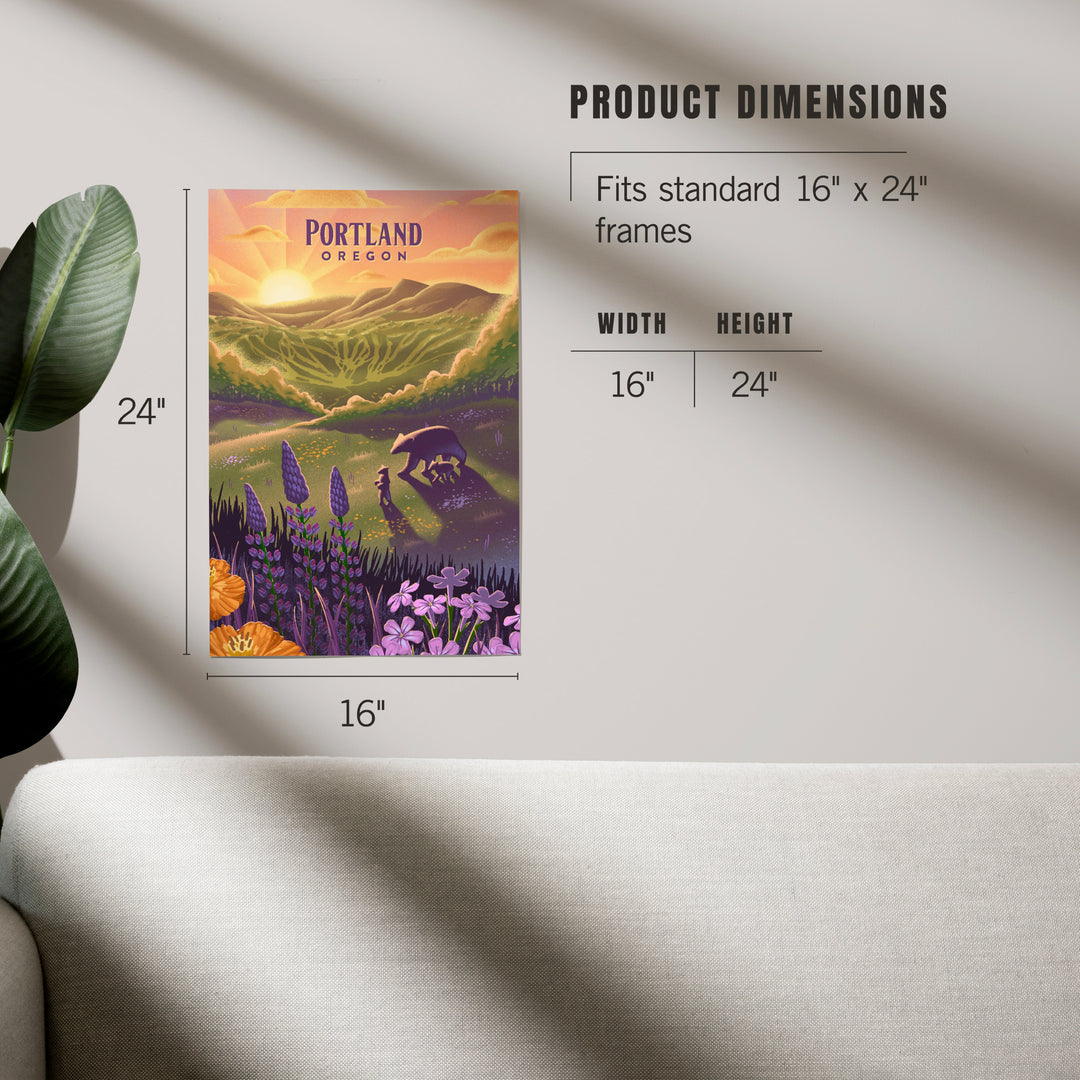 Portland, Oregon, Bear and Spring Flowers, Lithograph, Art & Giclee Prints Art Lantern Press