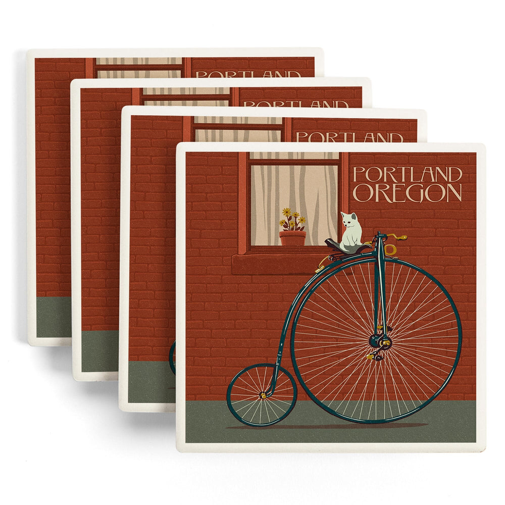 Portland, Oregon, Bicycle and Cat Letterpress, Coasters Coasters Lantern Press