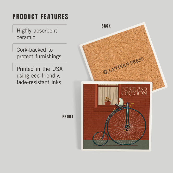 Portland, Oregon, Bicycle and Cat Letterpress, Coasters Coasters Lantern Press
