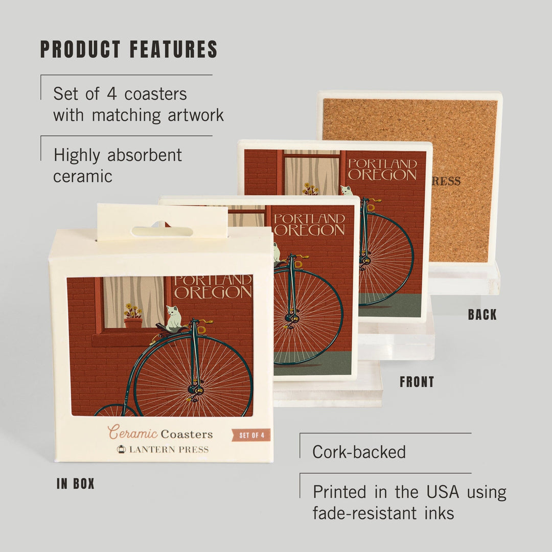Portland, Oregon, Bicycle and Cat Letterpress, Coasters Coasters Lantern Press