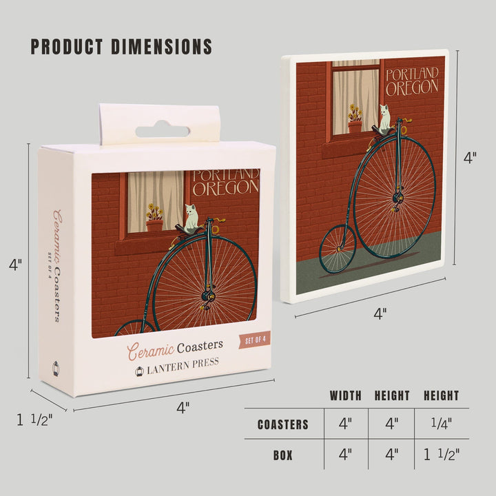 Portland, Oregon, Bicycle and Cat Letterpress, Coasters Coasters Lantern Press