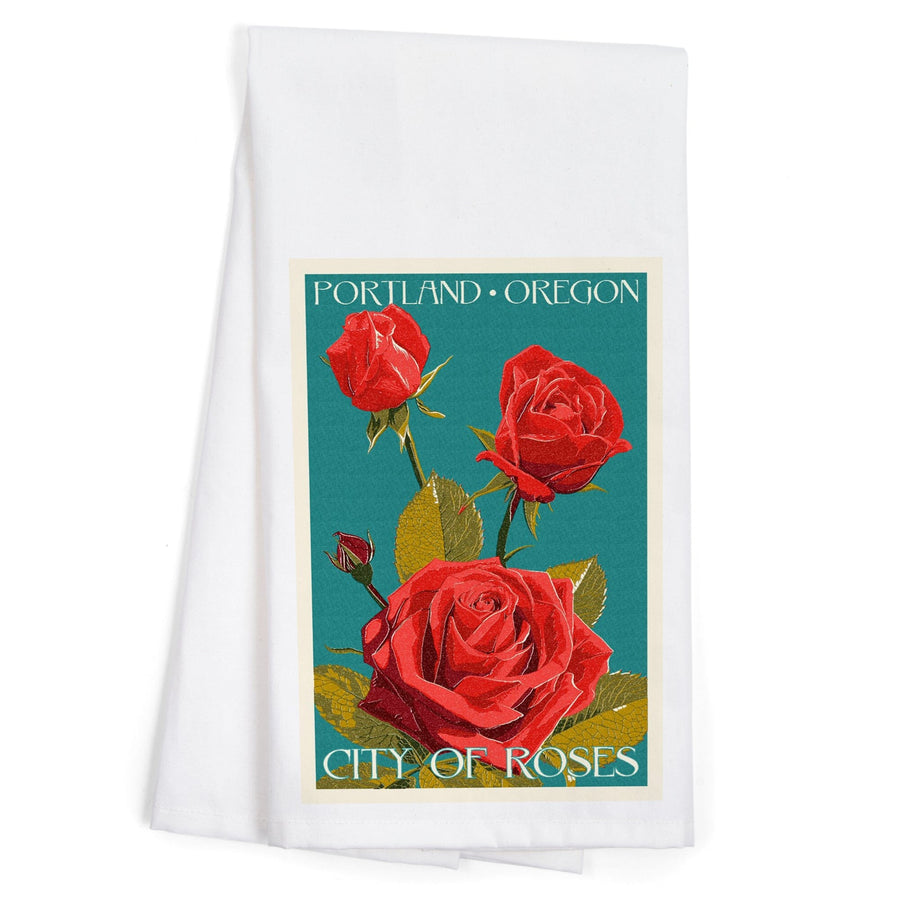 Portland, Oregon, City of Roses, Rose, Letterpress, Organic Cotton Kitchen Tea Towels Kitchen Lantern Press