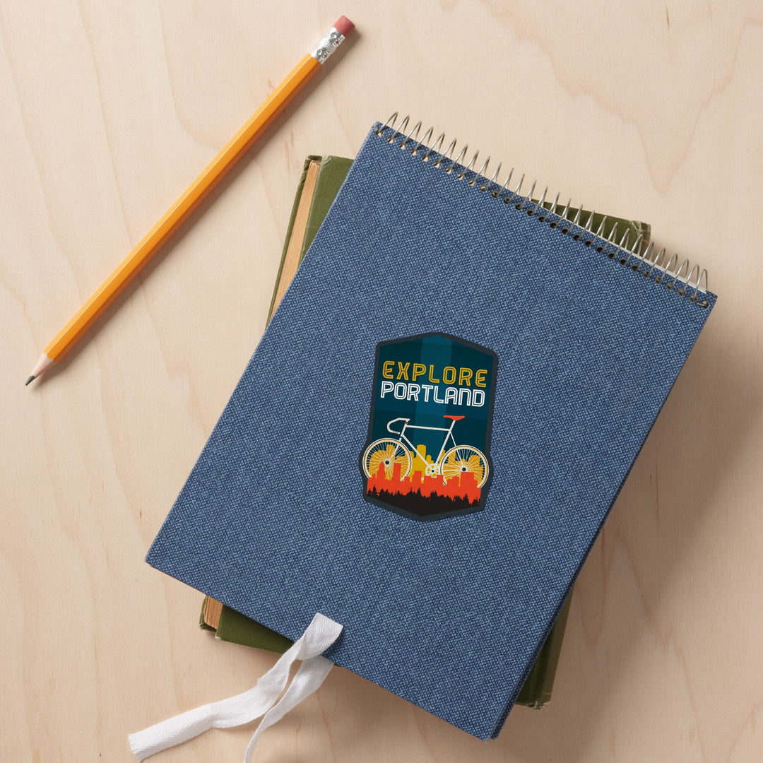 Portland, Oregon, Explore Portland, Bike, Screenprint Style, Contour, Lantern Press Artwork, Vinyl Sticker Sticker Lantern Press