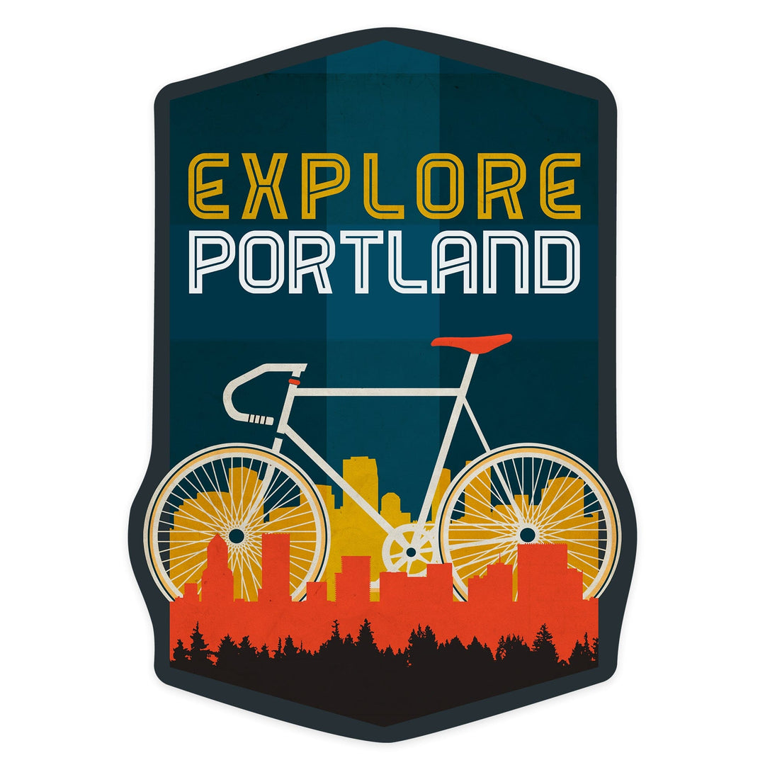 Portland, Oregon, Explore Portland, Bike, Screenprint Style, Contour, Lantern Press Artwork, Vinyl Sticker Sticker Lantern Press