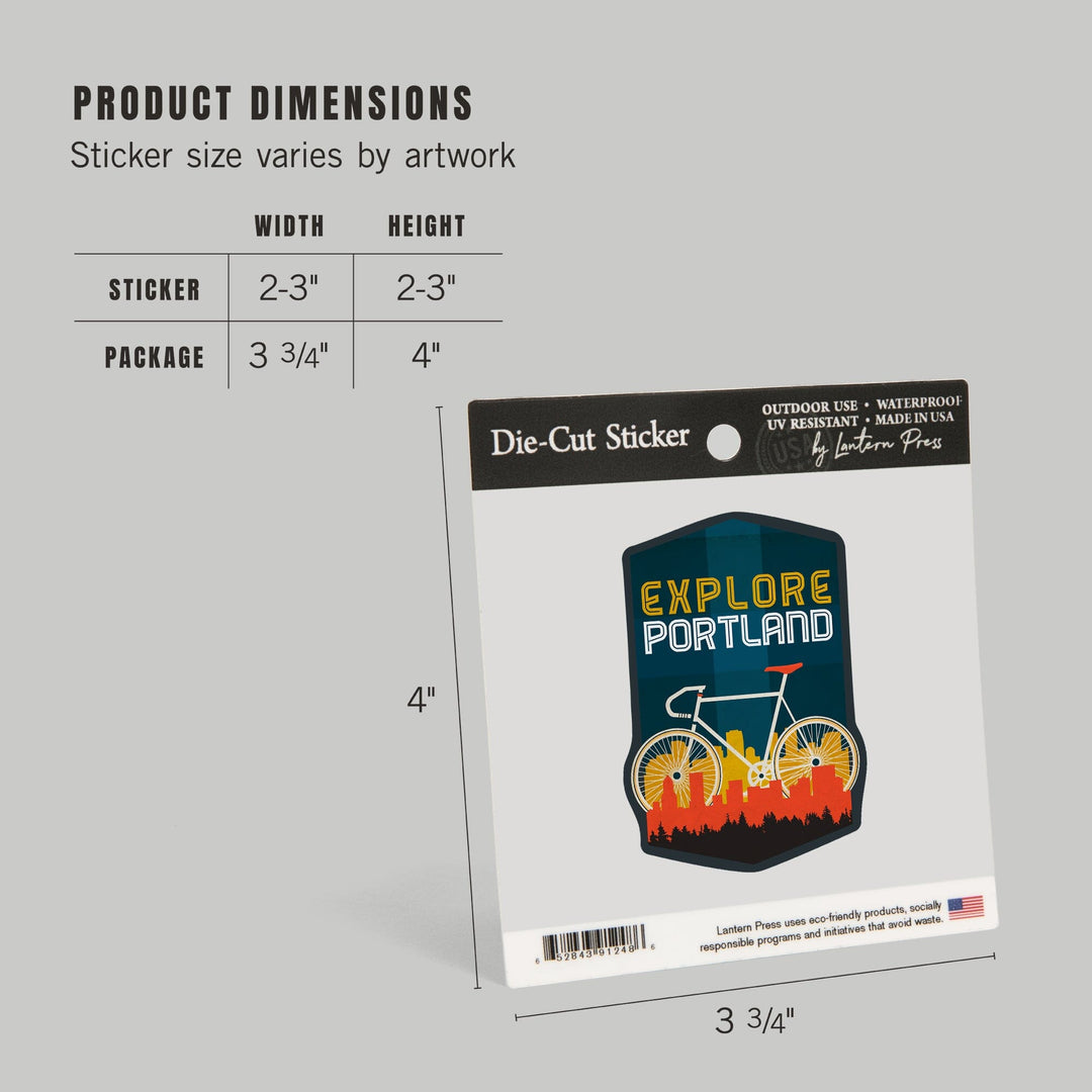 Portland, Oregon, Explore Portland, Bike, Screenprint Style, Contour, Lantern Press Artwork, Vinyl Sticker Sticker Lantern Press