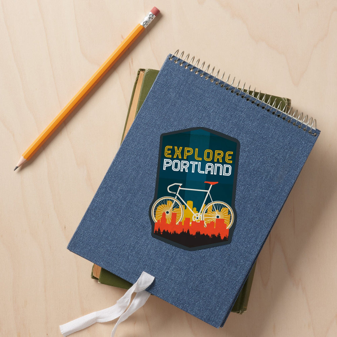 Portland, Oregon, Explore Portland, Bike, Screenprint Style, Contour, Lantern Press Artwork, Vinyl Sticker Sticker Lantern Press