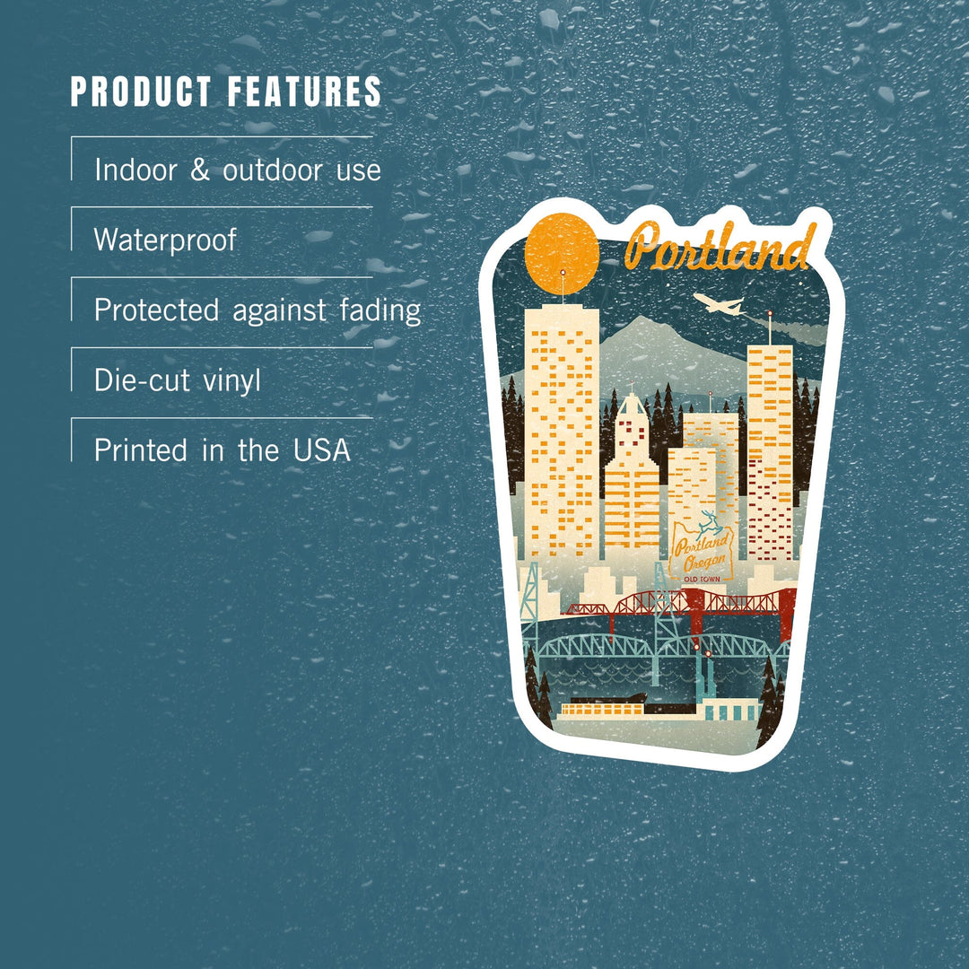 Portland, Oregon, Retro Skyline, Contour, Borderless, Lantern Press Artwork, Vinyl Sticker Sticker Lantern Press