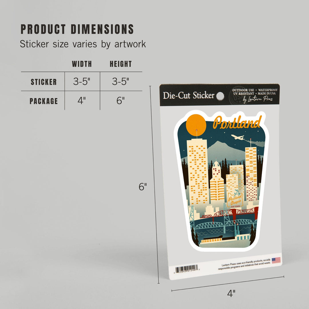Portland, Oregon, Retro Skyline, Contour, Borderless, Lantern Press Artwork, Vinyl Sticker Sticker Lantern Press