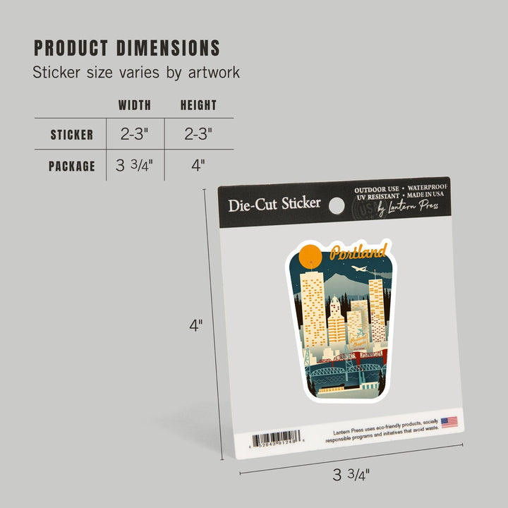 Portland, Oregon, Retro Skyline, Contour, Borderless, Lantern Press Artwork, Vinyl Sticker Sticker Lantern Press