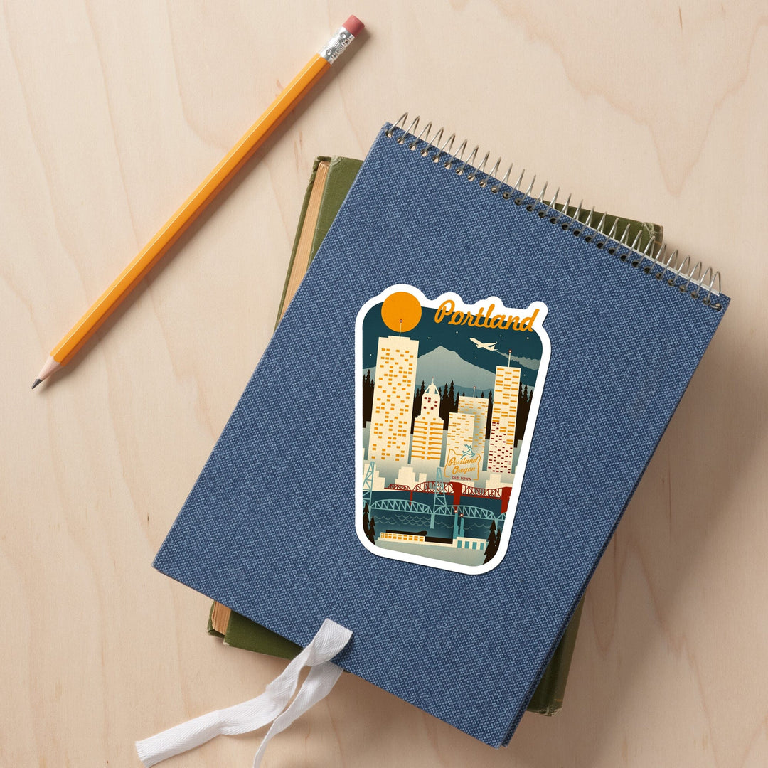 Portland, Oregon, Retro Skyline, Contour, Borderless, Lantern Press Artwork, Vinyl Sticker Sticker Lantern Press