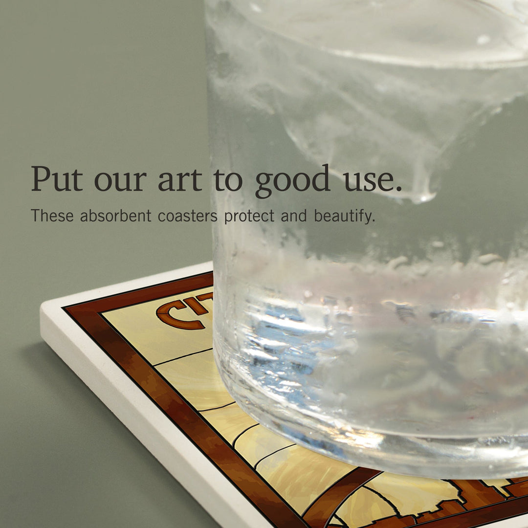 Portland, Oregon, Rose and Skyline Stained Glass, Coasters Coasters Lantern Press