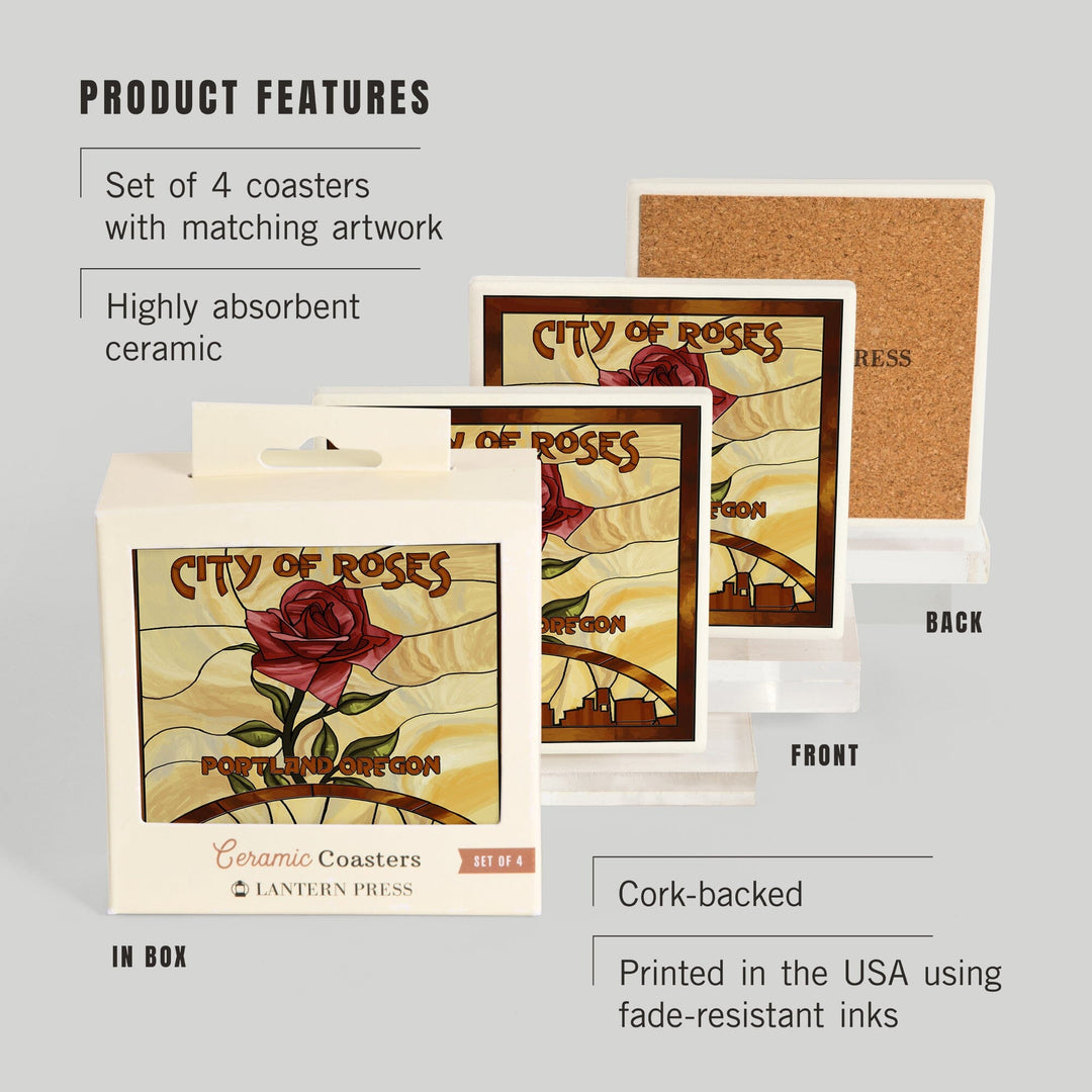 Portland, Oregon, Rose and Skyline Stained Glass, Coasters Coasters Lantern Press