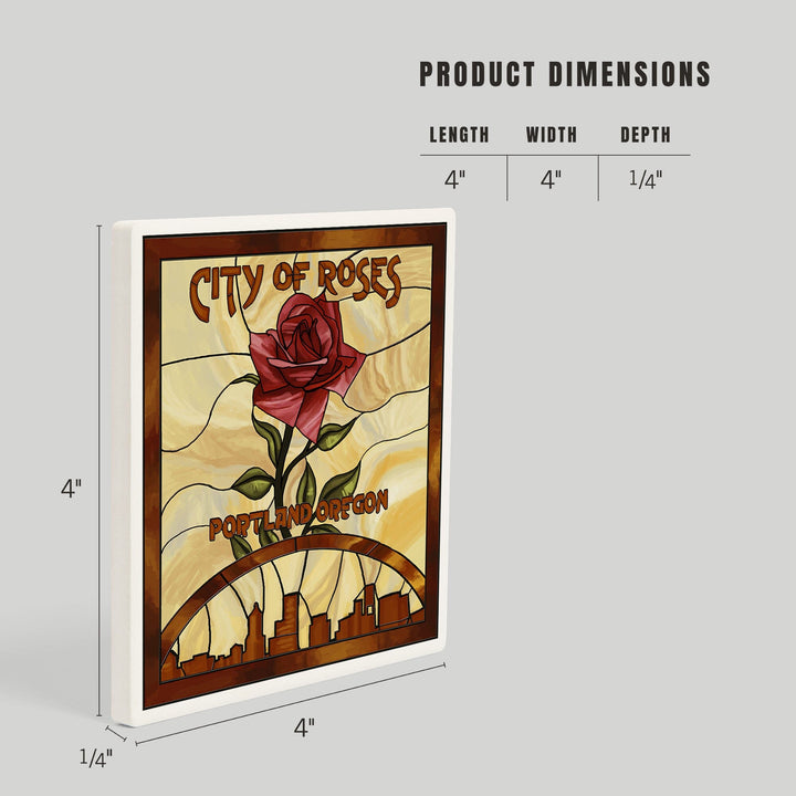 Portland, Oregon, Rose and Skyline Stained Glass, Coasters Coasters Lantern Press