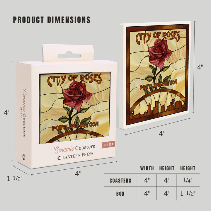 Portland, Oregon, Rose and Skyline Stained Glass, Coasters Coasters Lantern Press