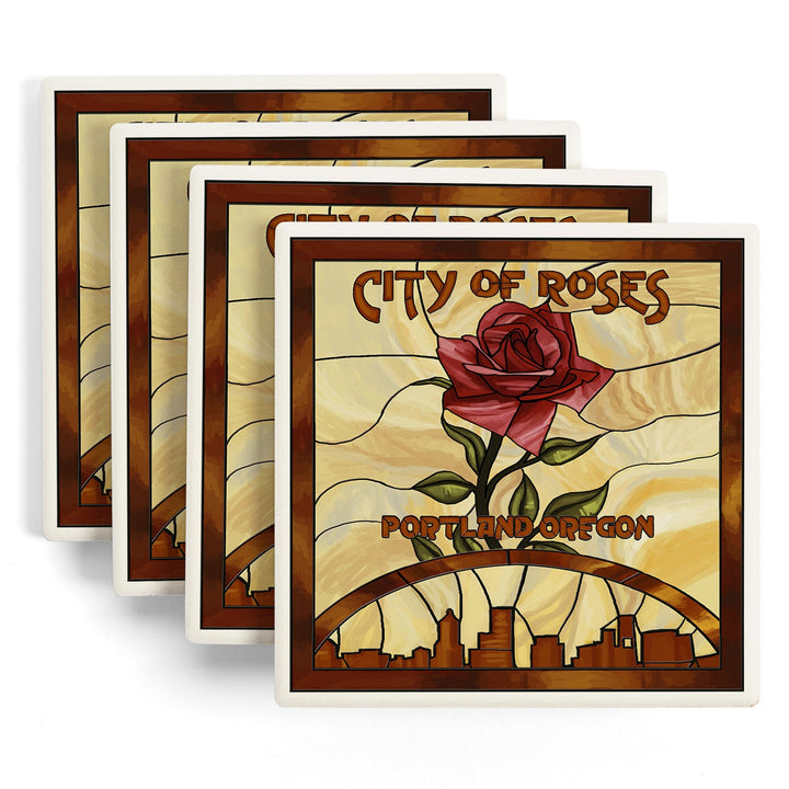 Portland, Oregon, Rose and Skyline Stained Glass, Coasters Coasters Lantern Press
