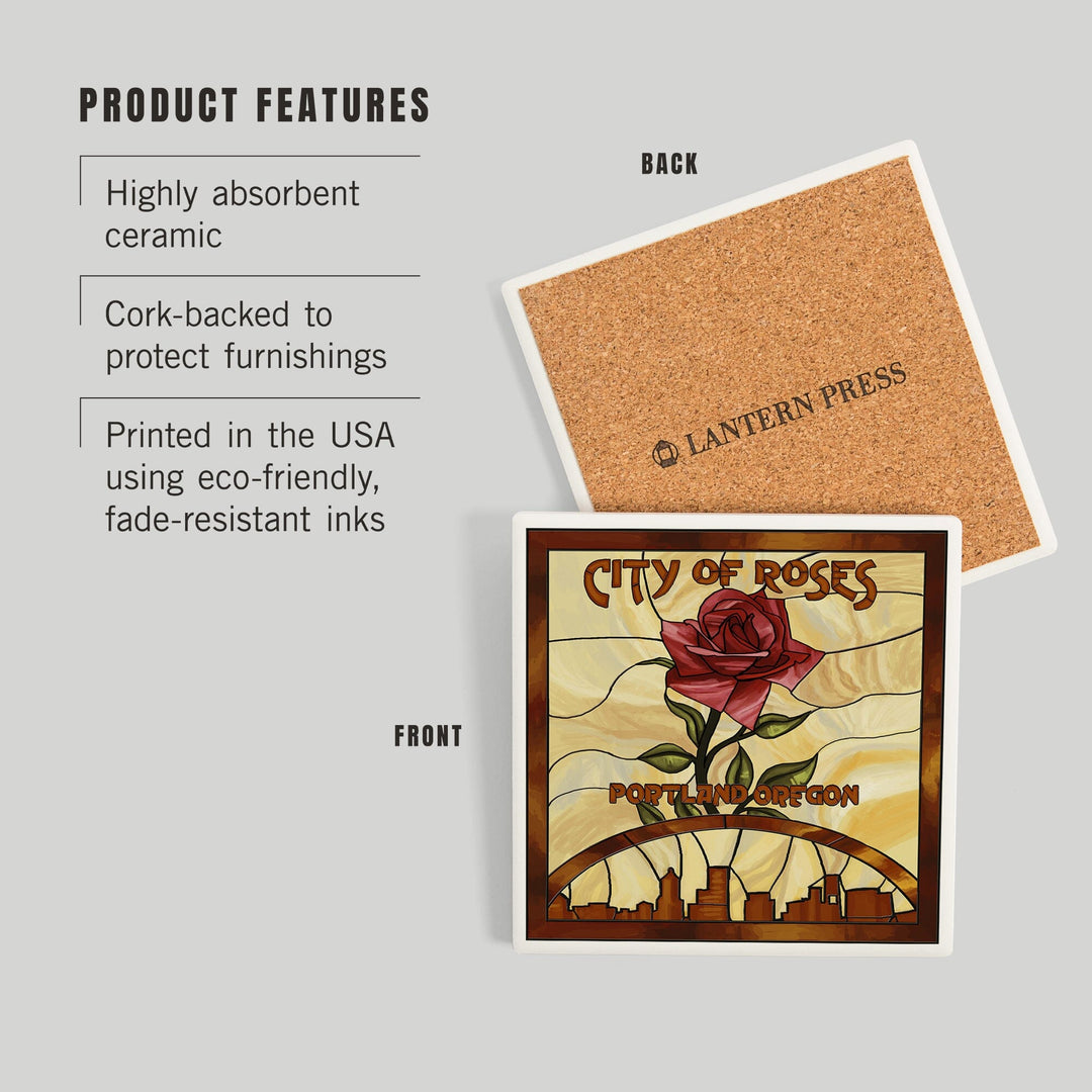 Portland, Oregon, Rose and Skyline Stained Glass, Coasters Coasters Lantern Press