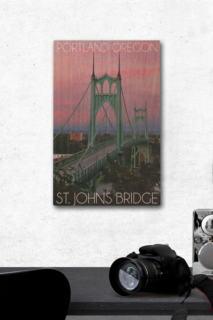 Portland, Oregon, St. Johns Bridge Sunset, Lantern Press Photography, Wood Signs and Postcards Wood Lantern Press 12 x 18 Wood Gallery Print