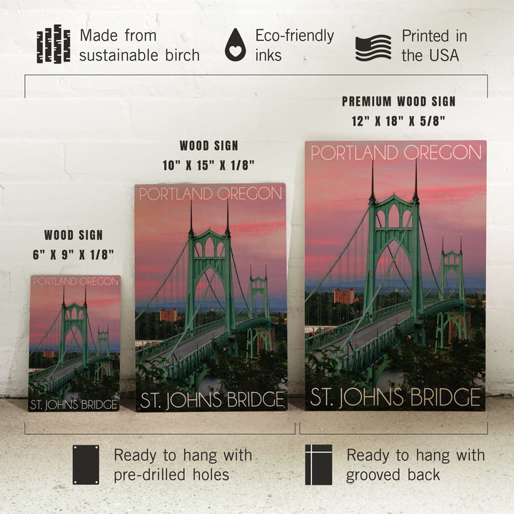 Portland, Oregon, St. Johns Bridge Sunset, Lantern Press Photography, Wood Signs and Postcards Wood Lantern Press