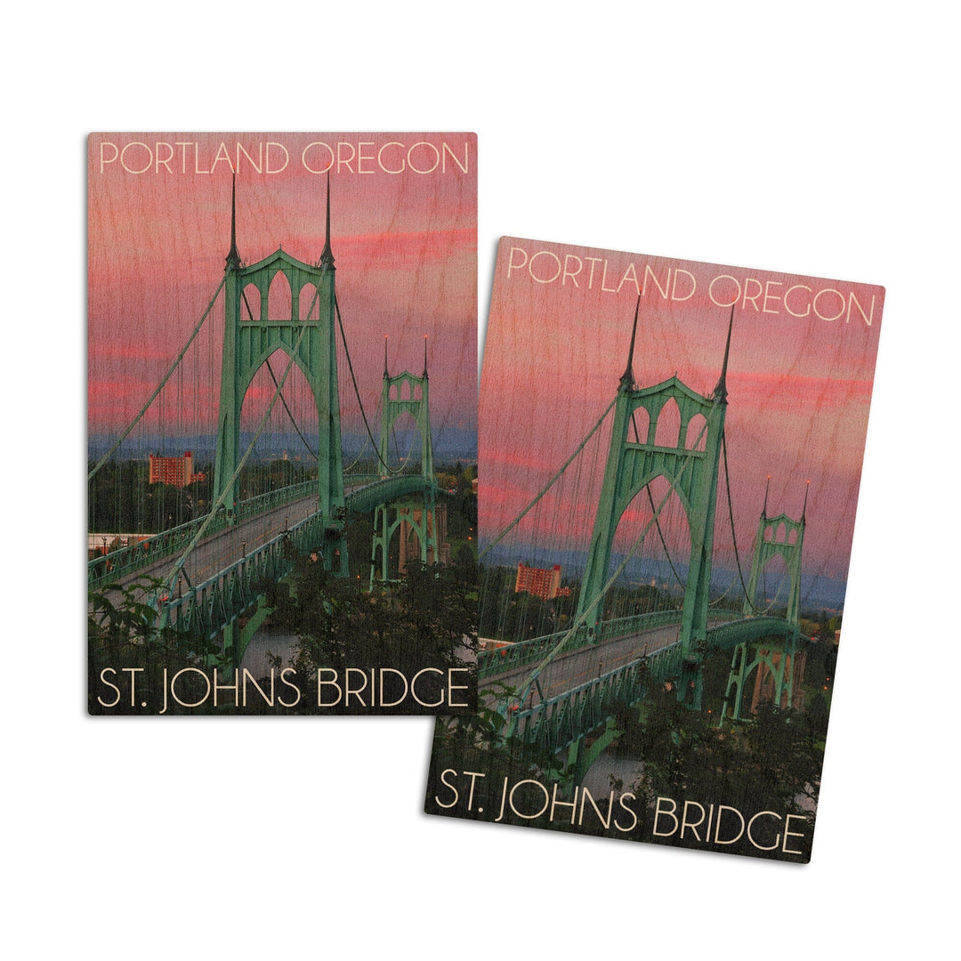 Portland, Oregon, St. Johns Bridge Sunset, Lantern Press Photography, Wood Signs and Postcards Wood Lantern Press 4x6 Wood Postcard Set