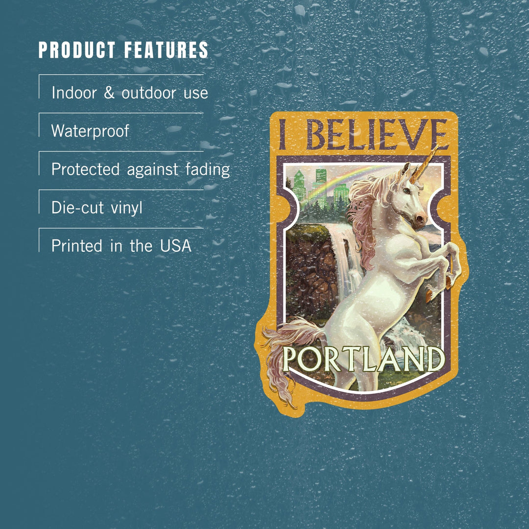 Portland, Oregon, Unicorn and Rainbow, Contour, Vinyl Sticker Sticker Lantern Press
