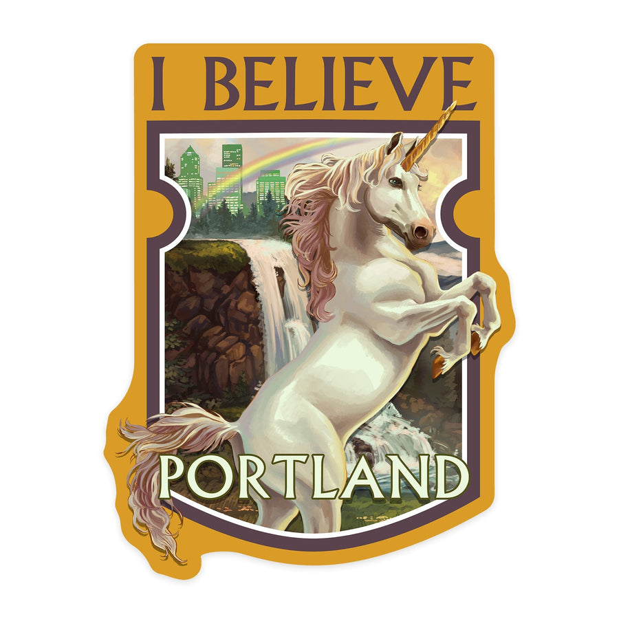 Portland, Oregon, Unicorn and Rainbow, Contour, Vinyl Sticker Sticker Lantern Press