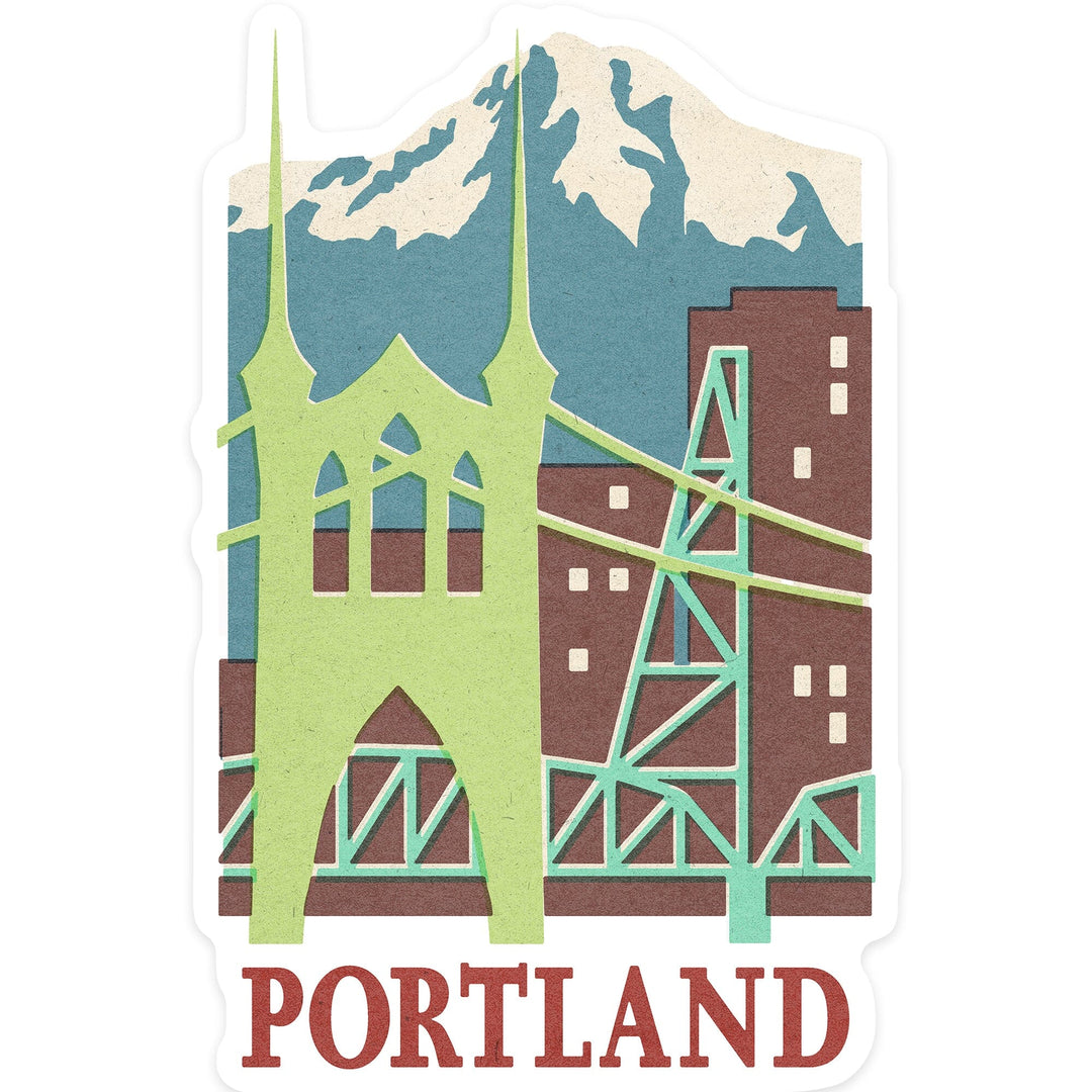 Portland, Oregon, Woodblock, Contour, Lantern Press Artwork, Vinyl Sticker Sticker Lantern Press