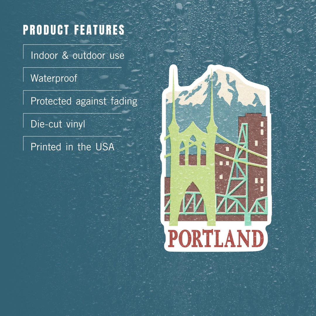 Portland, Oregon, Woodblock, Contour, Lantern Press Artwork, Vinyl Sticker Sticker Lantern Press