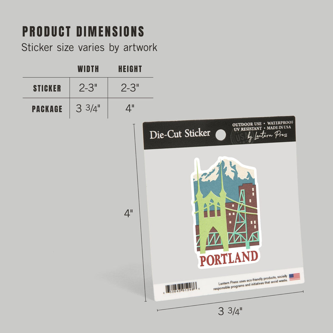Portland, Oregon, Woodblock, Contour, Lantern Press Artwork, Vinyl Sticker Sticker Lantern Press