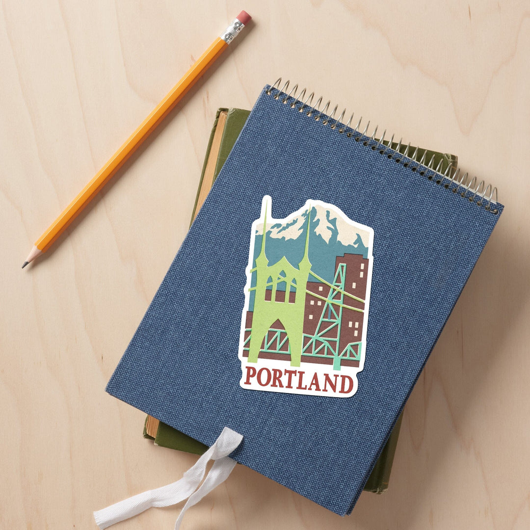 Portland, Oregon, Woodblock, Contour, Lantern Press Artwork, Vinyl Sticker Sticker Lantern Press