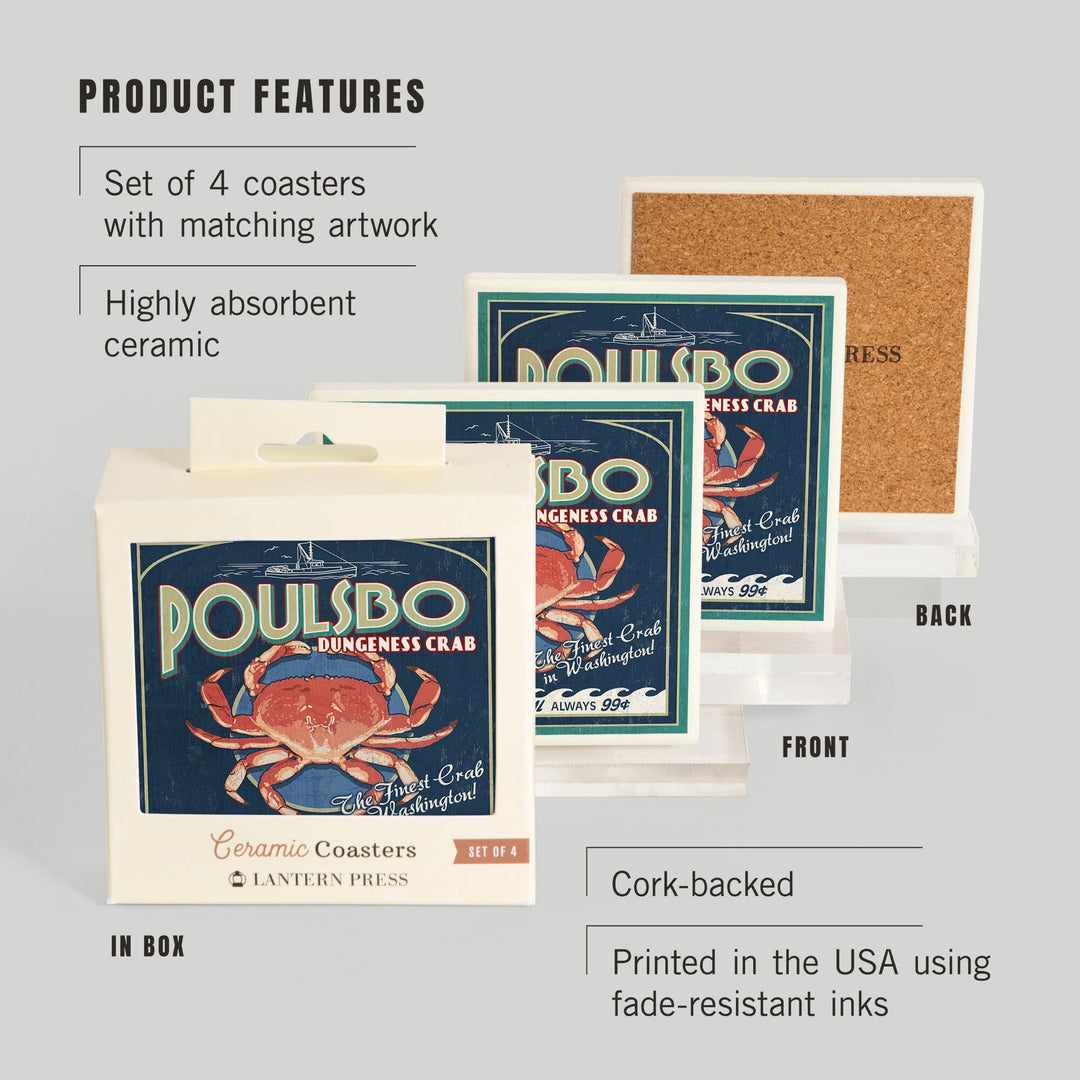 Poulsbo, Washington, Dungeness Crab Vintage Sign, Coasters Coasters Lantern Press