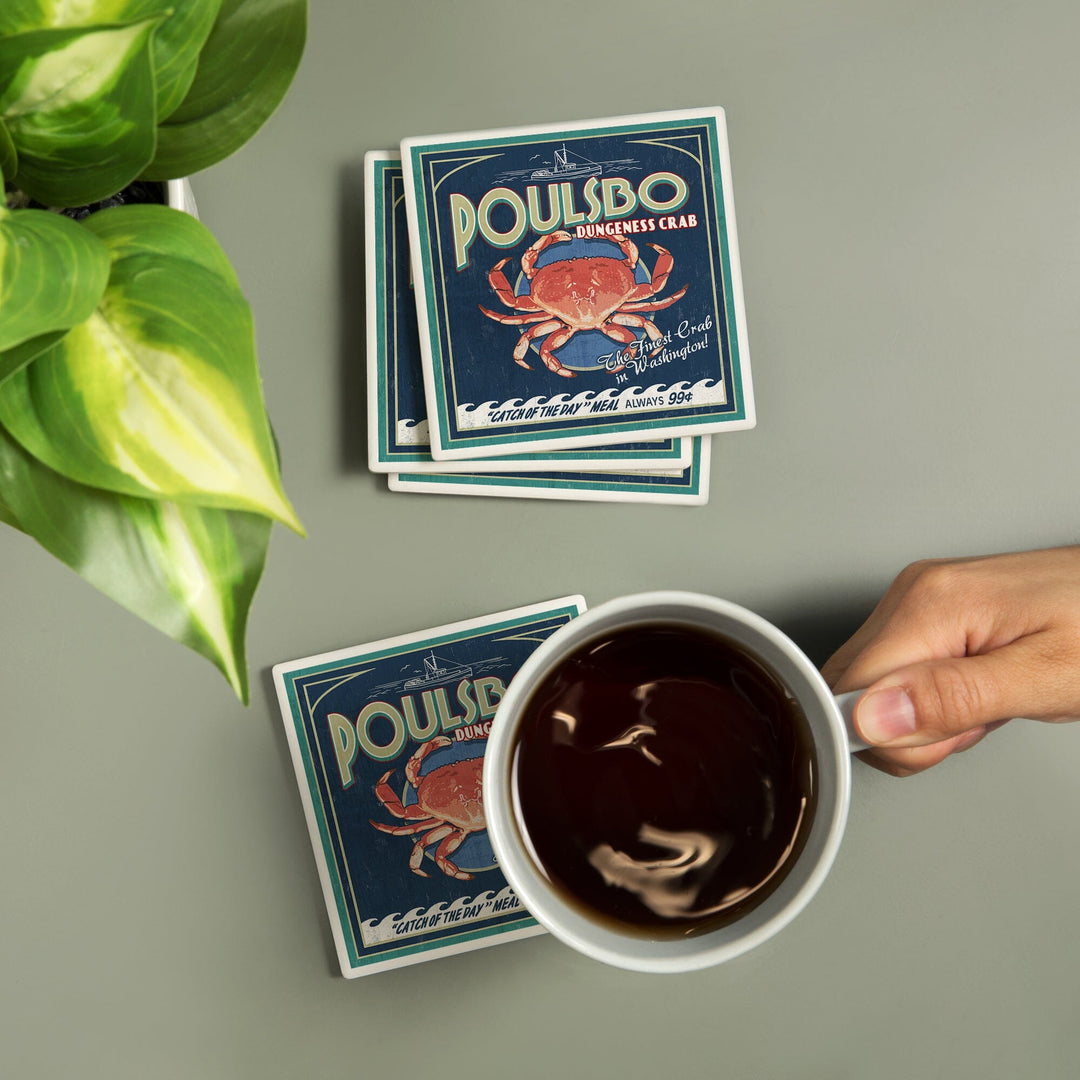 Poulsbo, Washington, Dungeness Crab Vintage Sign, Coasters Coasters Lantern Press