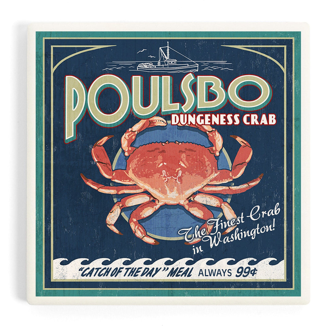 Poulsbo, Washington, Dungeness Crab Vintage Sign, Coasters Coasters Lantern Press Coaster