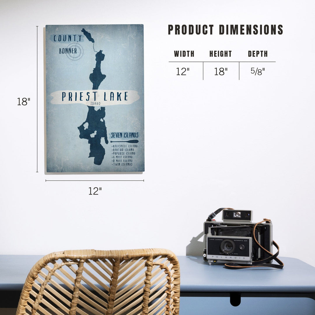 Priest Lake, Idaho, Lake Essentials, Shape, Acreage & County, Lantern Press Artwork, Wood Signs and Postcards Wood Lantern Press