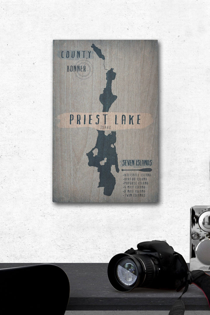 Priest Lake, Idaho, Lake Essentials, Shape, Acreage & County, Lantern Press Artwork, Wood Signs and Postcards Wood Lantern Press 12 x 18 Wood Gallery Print