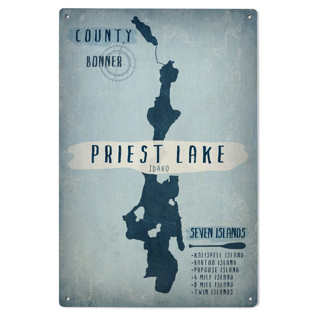 Priest Lake, Idaho, Lake Essentials, Shape, Acreage & County, Lantern Press Artwork, Wood Signs and Postcards Wood Lantern Press