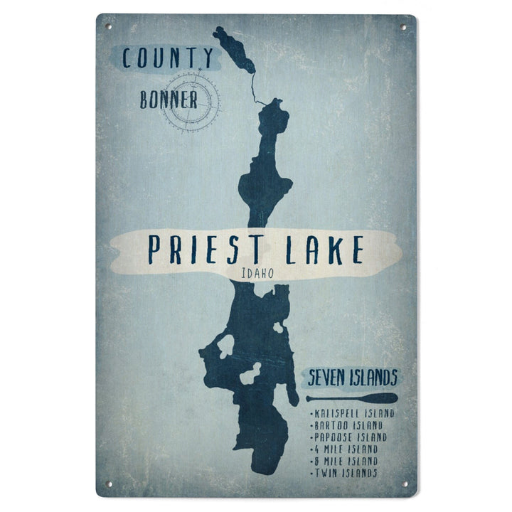 Priest Lake, Idaho, Lake Essentials, Shape, Acreage & County, Lantern Press Artwork, Wood Signs and Postcards Wood Lantern Press
