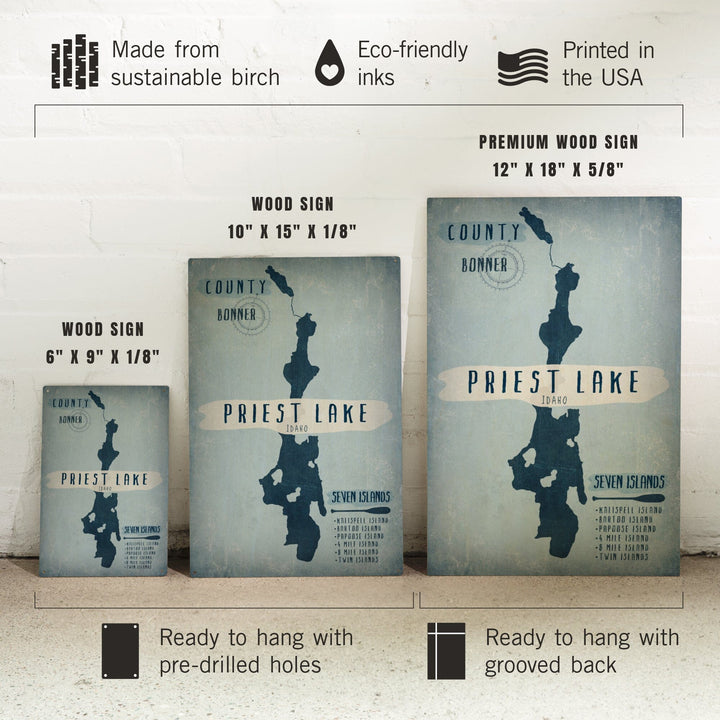 Priest Lake, Idaho, Lake Essentials, Shape, Acreage & County, Lantern Press Artwork, Wood Signs and Postcards Wood Lantern Press