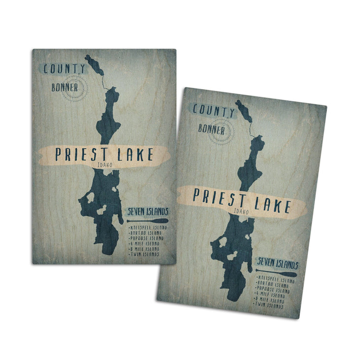 Priest Lake, Idaho, Lake Essentials, Shape, Acreage & County, Lantern Press Artwork, Wood Signs and Postcards Wood Lantern Press 4x6 Wood Postcard Set