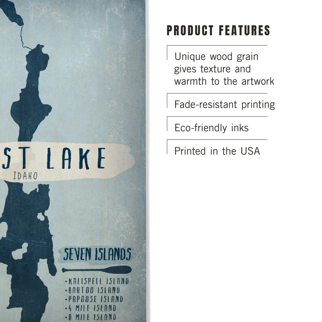 Priest Lake, Idaho, Lake Essentials, Shape, Acreage & County, Lantern Press Artwork, Wood Signs and Postcards Wood Lantern Press